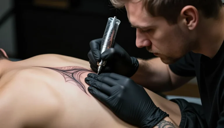 Tattoo master working on spine tattoo.