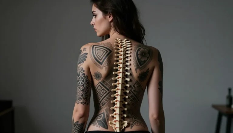 Женщина со сложной татуировкой на спине в студии.