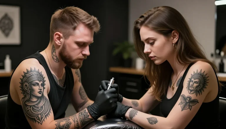 Stylish couple enjoying their matching new tattoos.