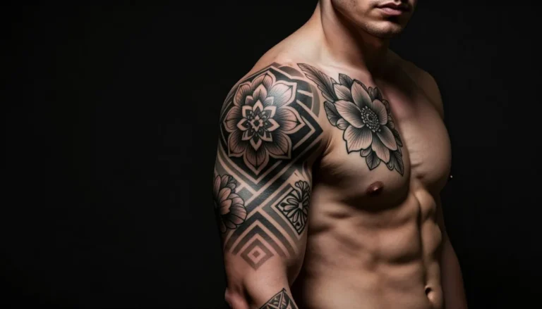 Stylish geometric floral tattoo sleeve on a muscular male arm.