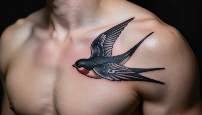 Крупный план татуировки стриж на плече.