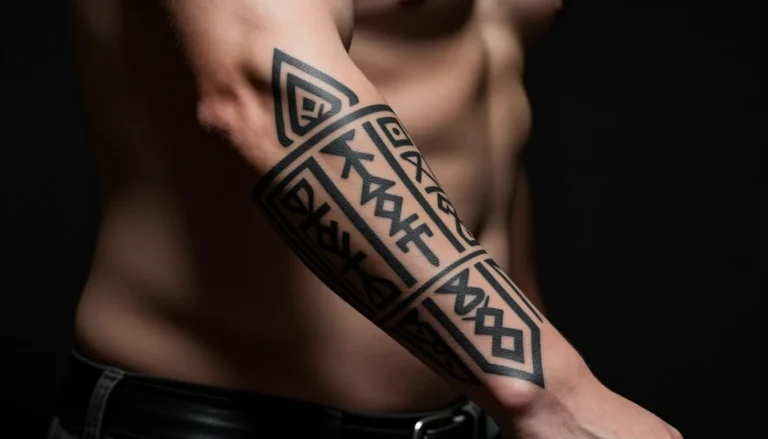 Мужская рука с татуировкой на всю поверхность предплечья.