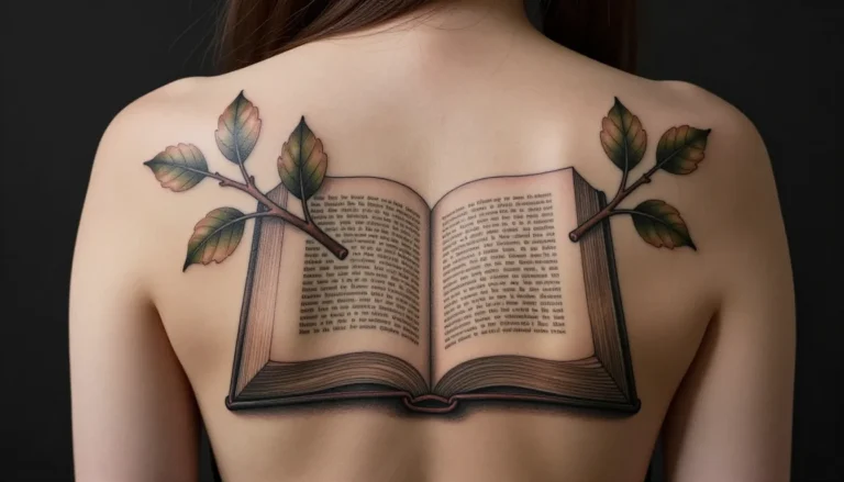 Татуировка книги на спине девушки.