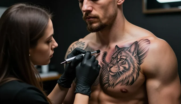 Мужчина получает татуировку на груди в студии.
