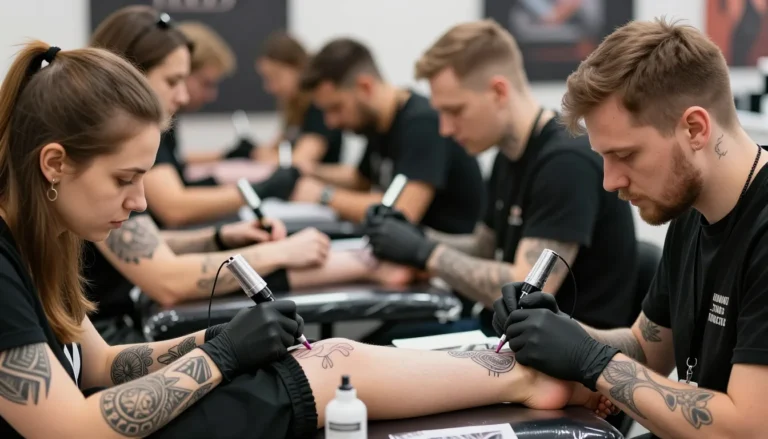 Diverse crowd enjoying free tattoos at a lively convention.