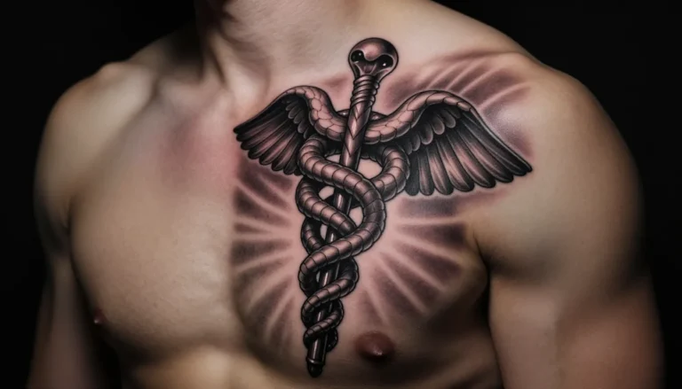 Татуировка — знак медицины на плече мужчины.