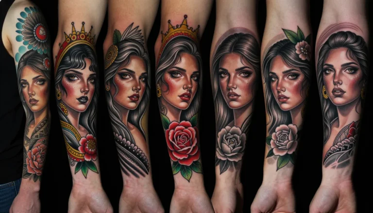 Разнообразие татуировок на руках и ногах.