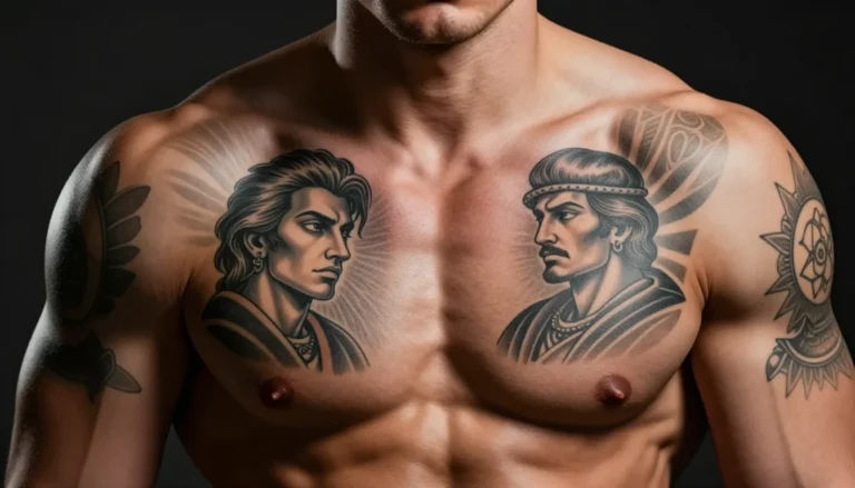 Realistic photograph of a muscular man with elaborate chest tattoos.