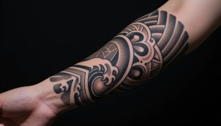 Татуировка на руке с японскими мотивами и геометрией.