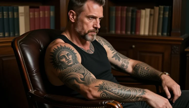Мужчина с татуировками в кабинете