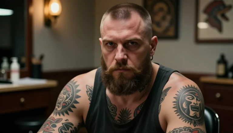 Портрет мужчины с татуировками в старой студии.