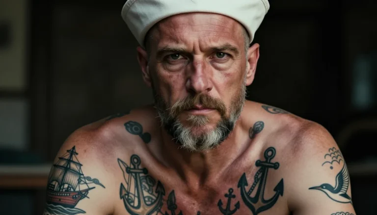 Портрет моряка с традиционными татуировками.