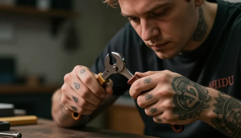 Рабочие руки с татуировками в мастерской