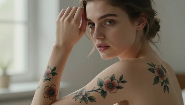 Переводные татуировки на теле девушки
