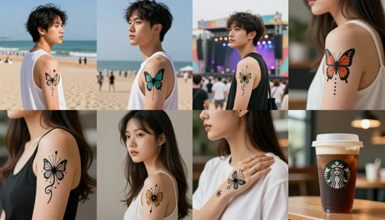 Collage featuring people with unique temporary tattoo designs.