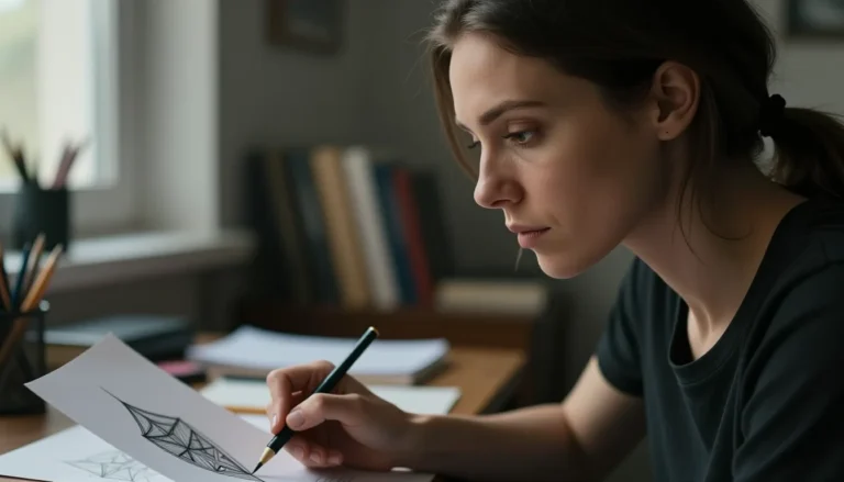 Женщина смотрит на эскиз татуировки.