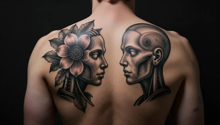 Unique biomechanical flower tattoo on a person's back