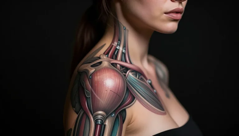 Realistic biomechanical shoulder tattoo on a woman