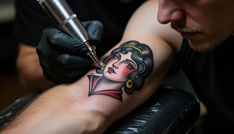 Фотография процесса нанесения татуировки в стиле олдскул