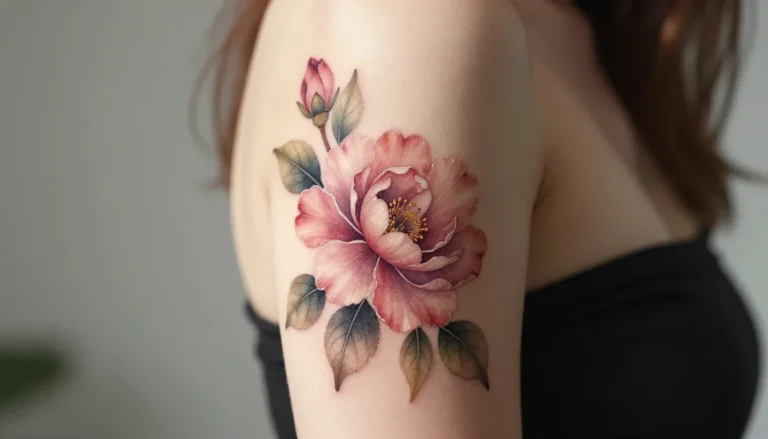 Watercolor floral tattoo on an arm.