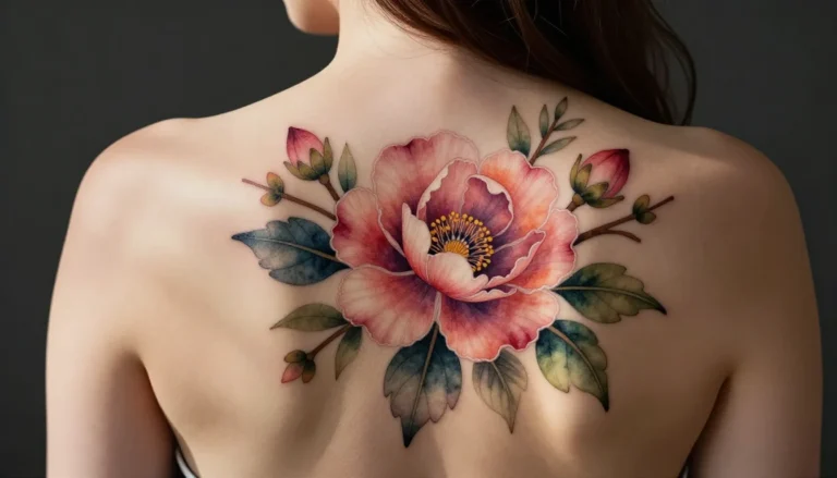 Watercolor floral tattoo on skin.