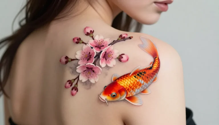 Watercolor style tattoo featuring blooming cherry blossoms.