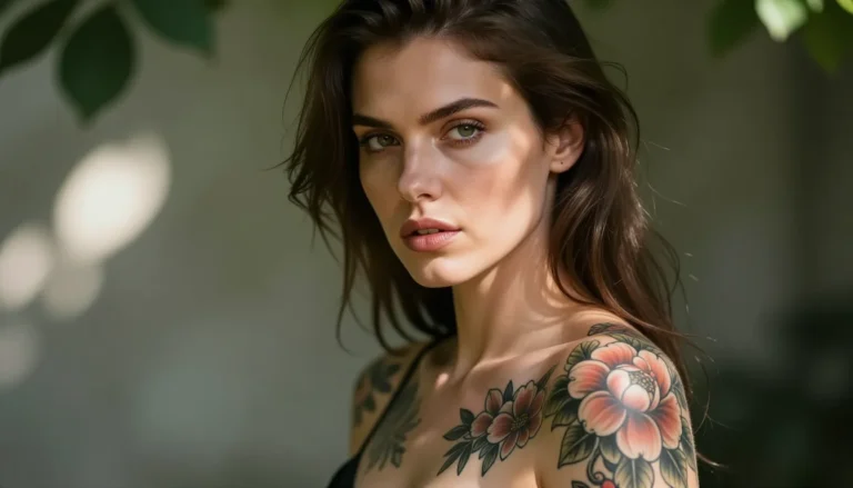 Woman with floral tattoos looking determined.