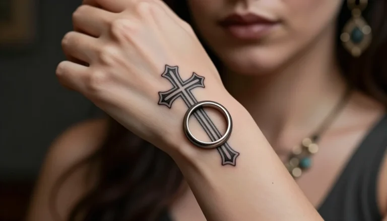 Woman’s wrist with elegant cross and ring tattoo.