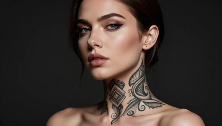 Женщина с татуировкой на шее.