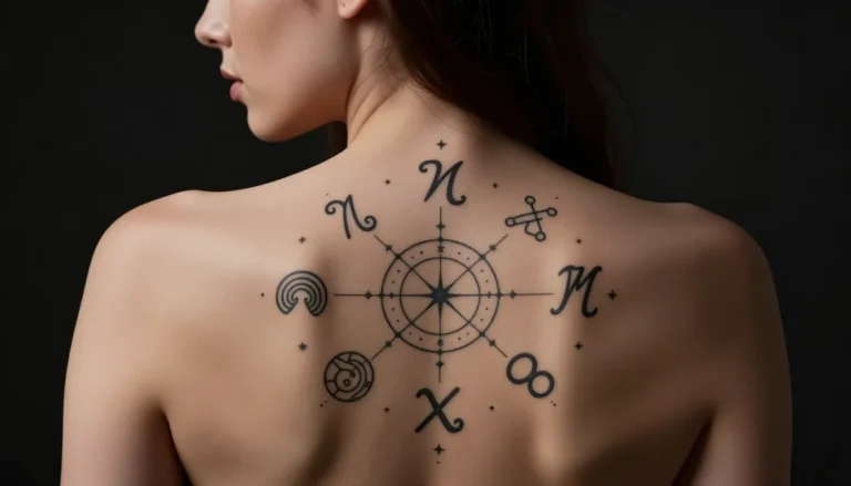 Realistic photograph of a beautiful astrological tattoo on a woman's back.