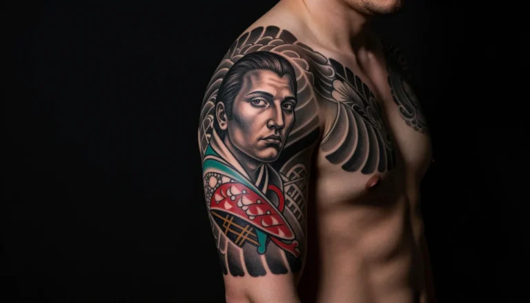 Мужская рука с полной татуировкой в различных стилях