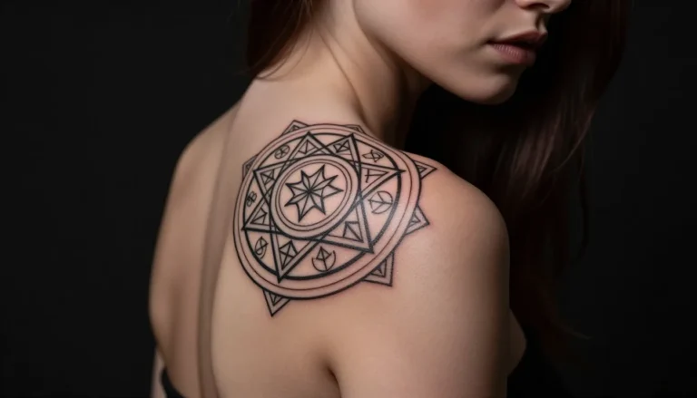 Татуировка с сакральными символами на плече женщины