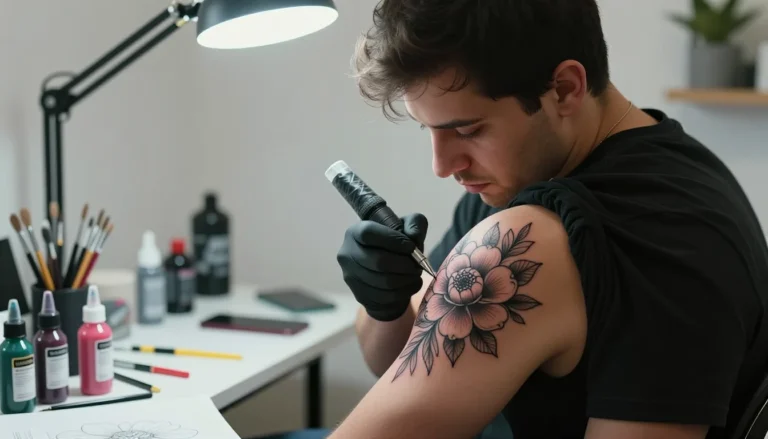 Tattoo artist designing a floral tattoo