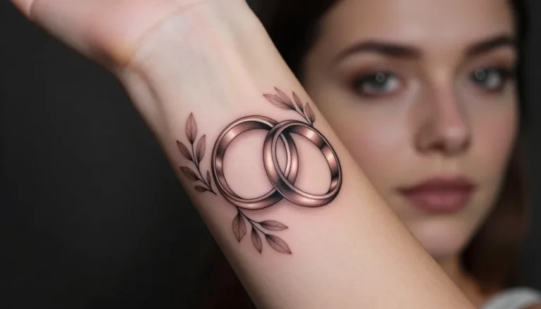 Татуировка обручальных колец на руке девушки.