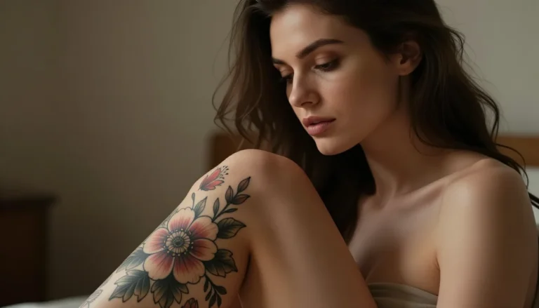 Floral thigh tattoo on beautiful model