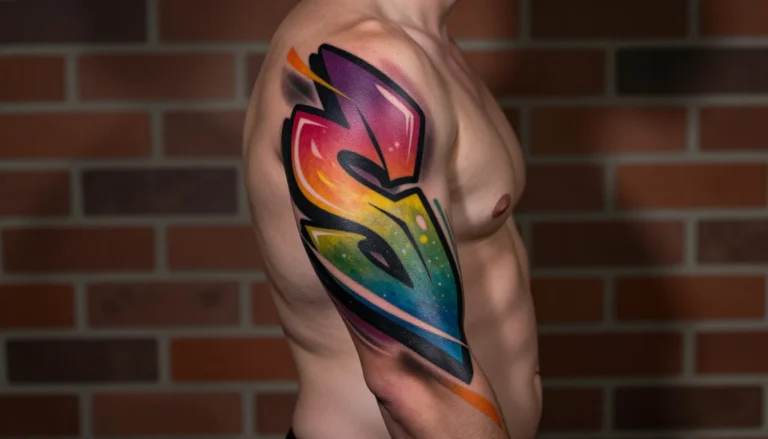 Graffiti style tattoo on a muscular male arm.