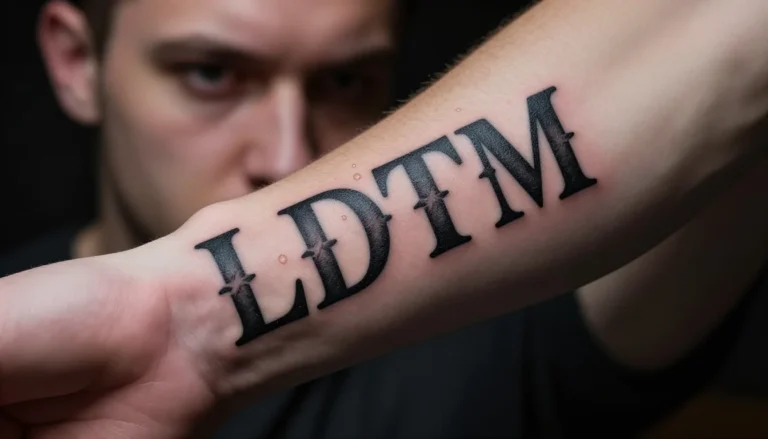 Close-up shot of an LDTM style tattoo