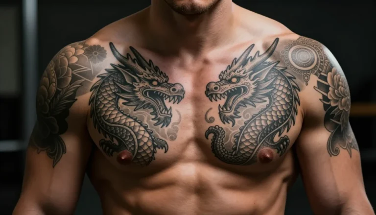 Мужчина с большой татуировкой на груди