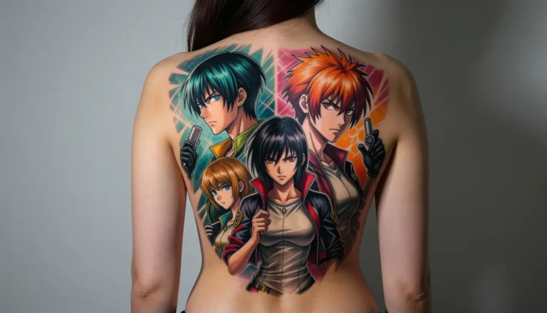 Аниме татуировка на спине женщины.