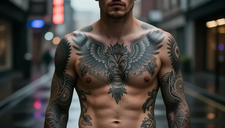 Мужчина с множеством татуировок в городе.