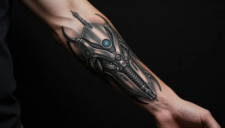 Futuristic mechanical style tattoo on forearm.