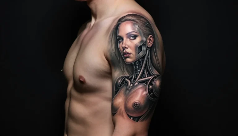 Stunning biomechanical sleeve tattoo illustration