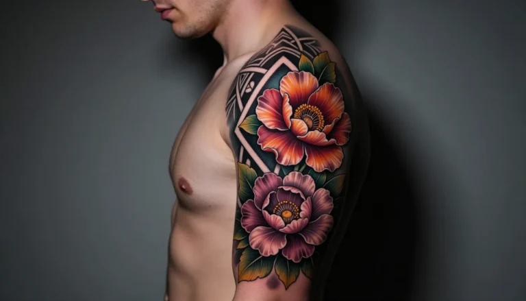 Colorful detailed forearm tattoo.