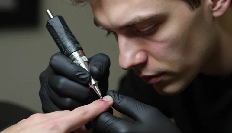 Фотография тату-мастера во время работы над татуировкой на пальце.