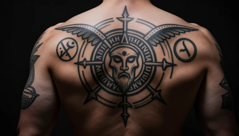 Мужская спина с татуировкой в стиле блэкворк.