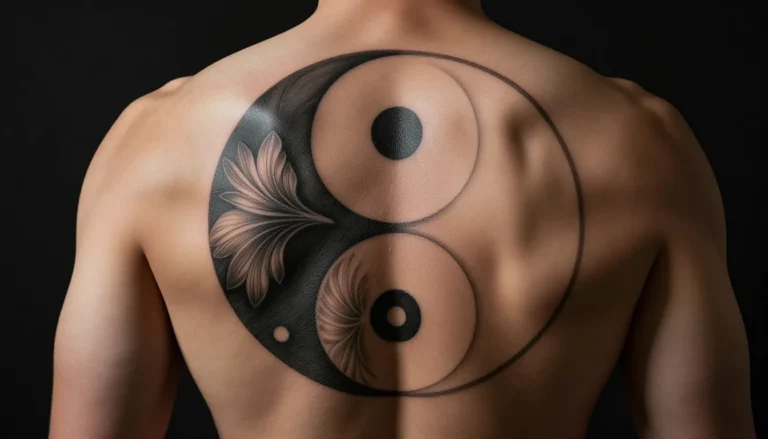 Инь и Ян татуировка на спине мужчины.