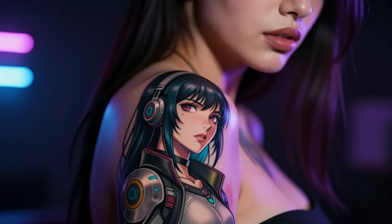 Аниме татуировка в стиле киберпанк на плече девушки