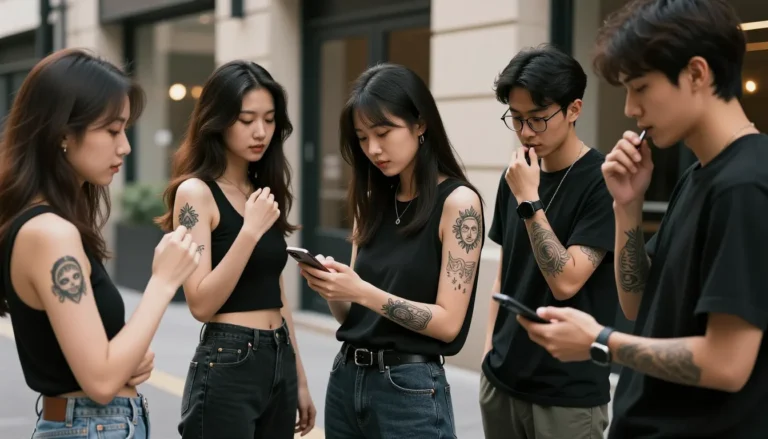 Diverse individuals displaying their unique tattoos in an urban environment.