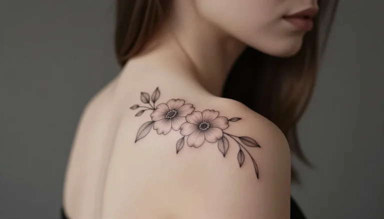 Женщина с татуировкой одной линией в виде цветов на плече.