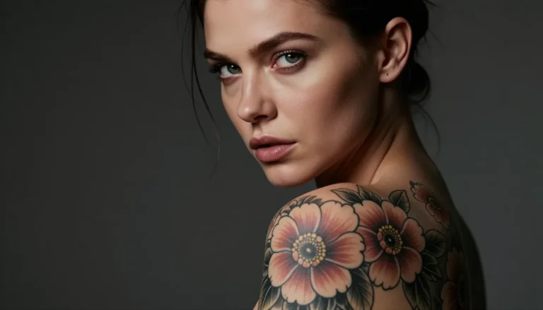 Портрет девушки с цветочными татуировками